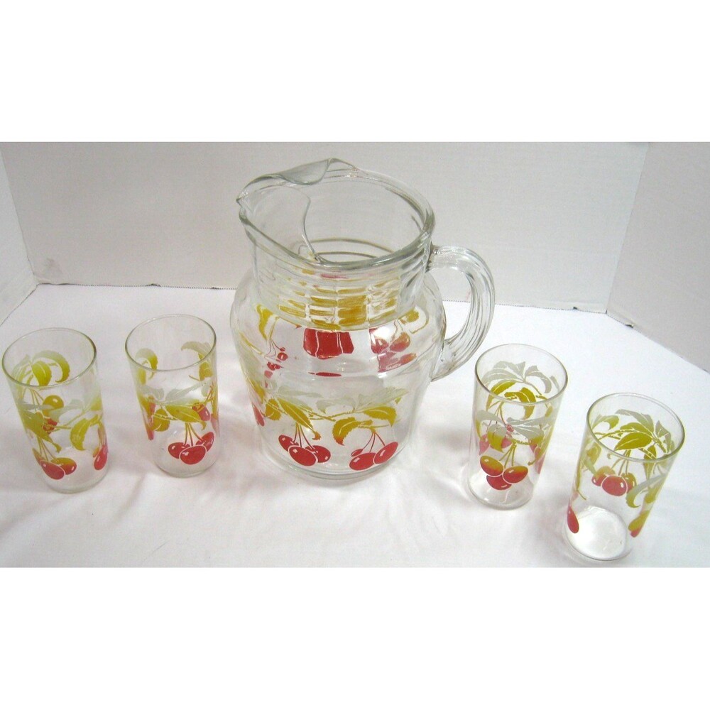 Vintage Pitcher & Tumbler Set, Cherries Hanging From a Branch Anchor Hocking